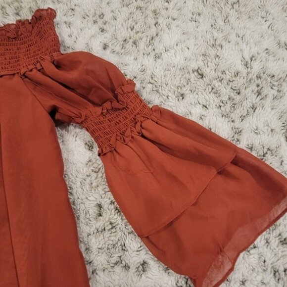 MAX STUDIO SZ S NWT Smocked Off Shoulder Balloon Tiered Sleeve Boho Tunic Top - Picture 5 of 12